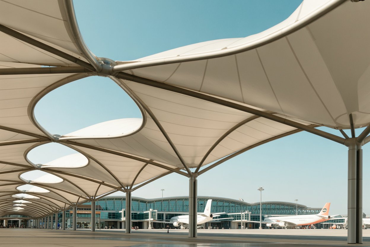 Sweeping white tensile membrane canopy by Krushna Tensile Roofing